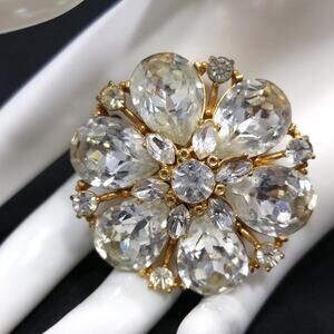 Clear Rhinestone Floral Brooch, Teardrop & Marquise Glass Stones, 1960s Vintage